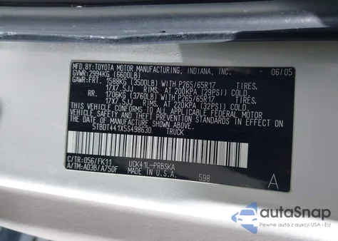 2005 Toyota Tundra Sr5 V8 из США, поврежденный, VIN 5TBDT441X5S498630